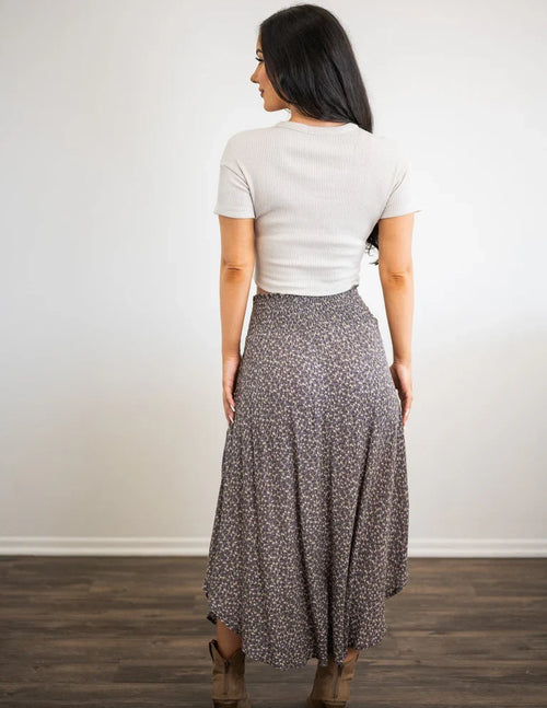 Smocked High Waist Ditsy Floral Asymmetrical Midi Skirt with Pockets