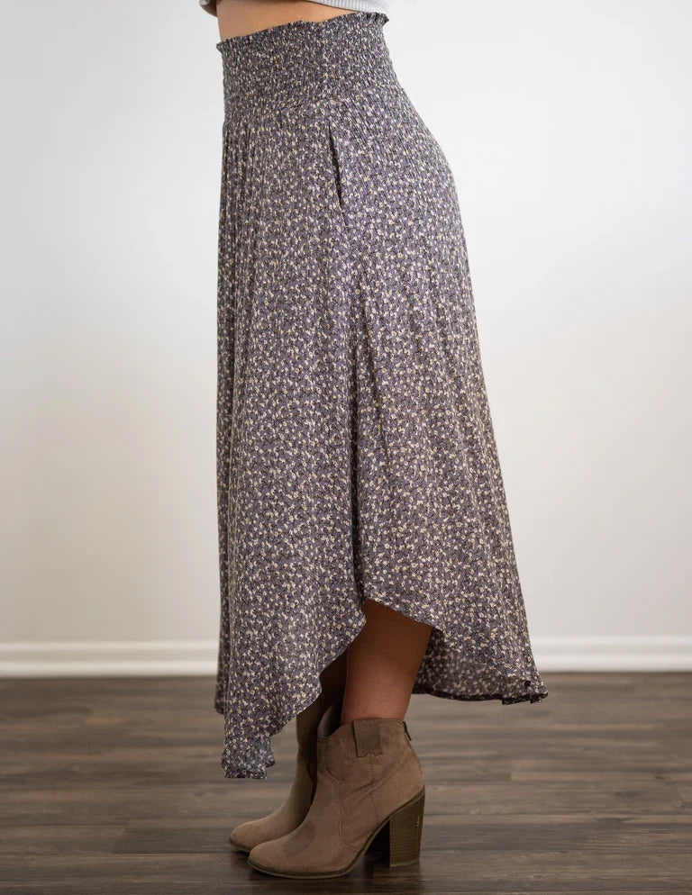 Smocked High Waist Ditsy Floral Asymmetrical Midi Skirt with Pockets