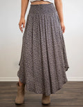 Smocked High Waist Ditsy Floral Asymmetrical Midi Skirt with Pockets